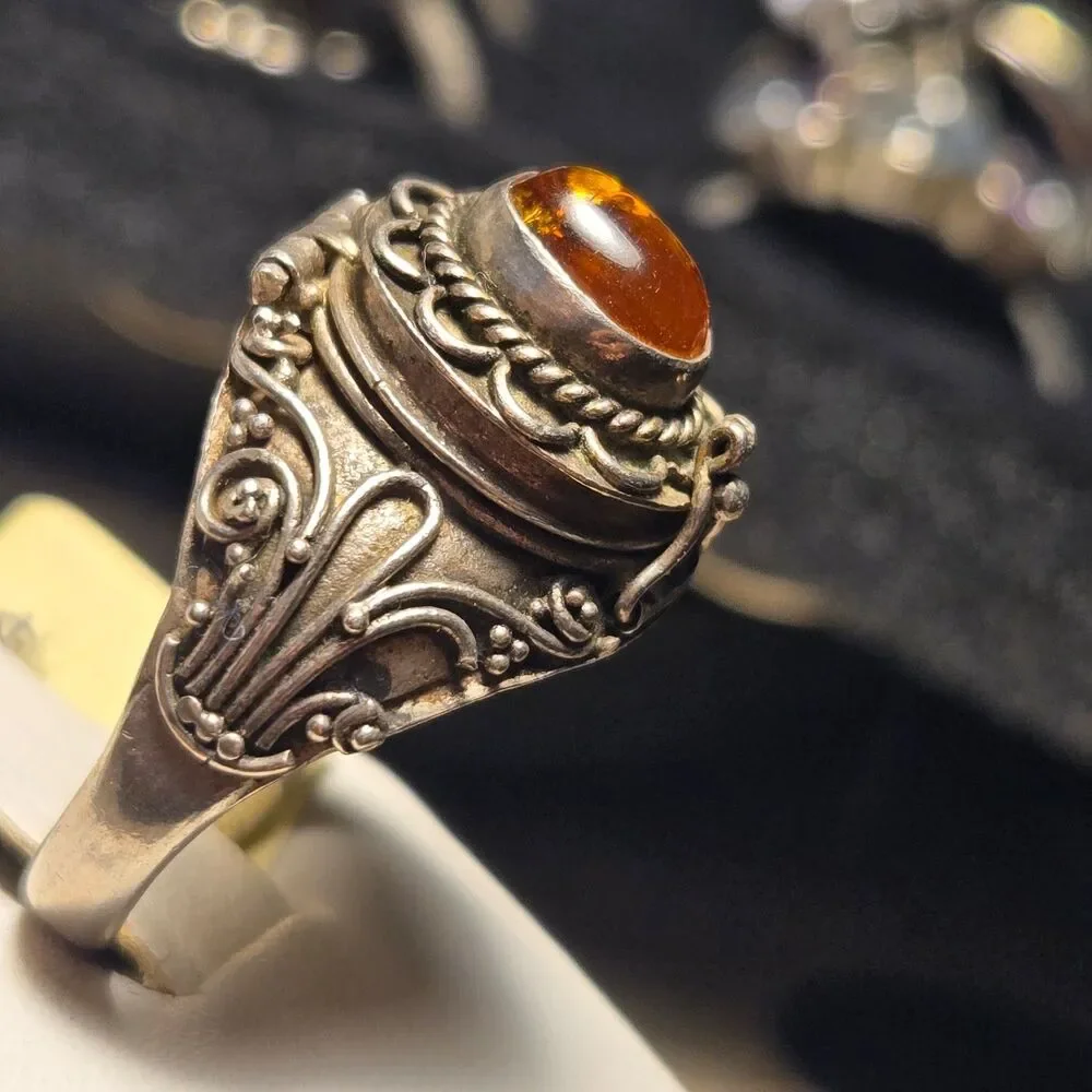 Rare Amber Poison Ring vintage sterling silver ring sz 9.5